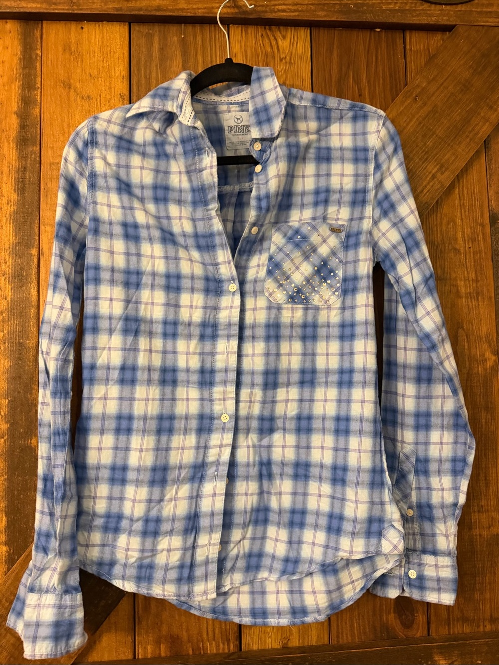 PINK Victoria's Secret Light Blue and White Plaid Button-Down Shirt Vintage